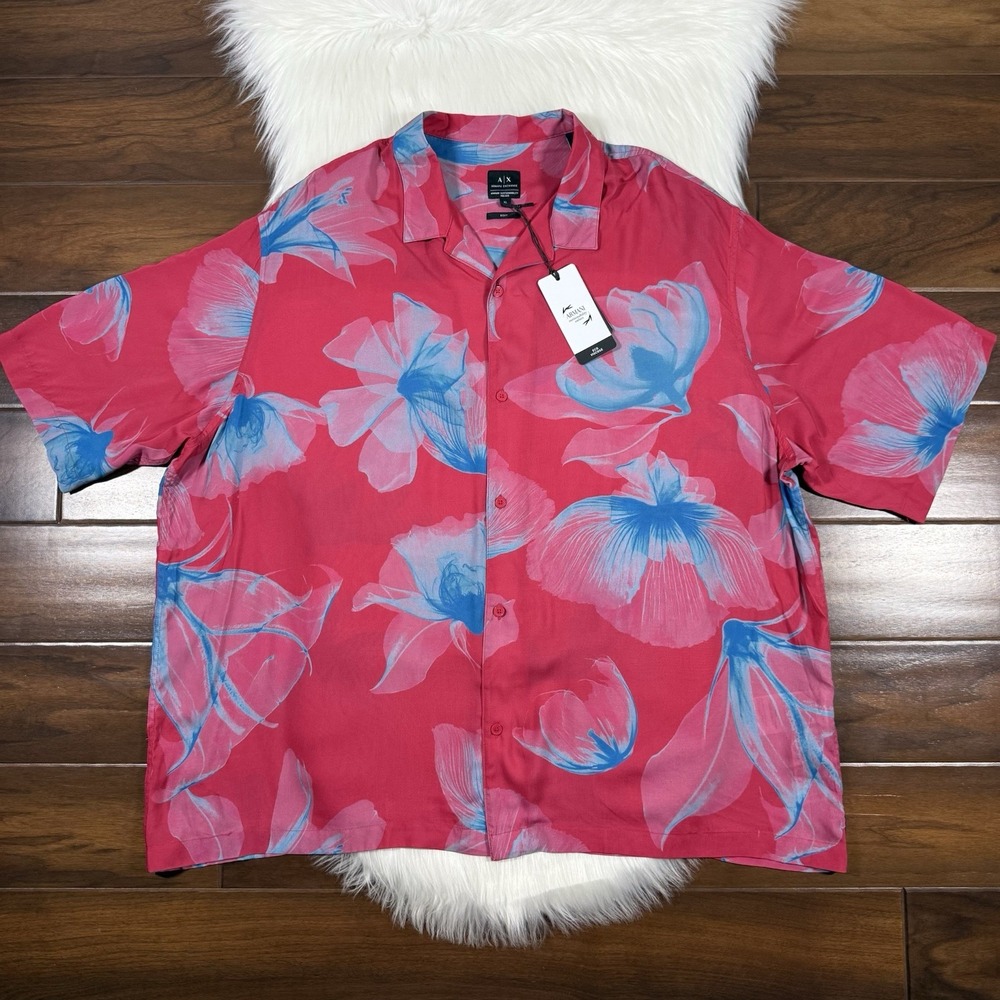 Armani Exchange A|X Size XL Pink Floral Short Sleeve Boxy‎ Fit Button Up Shirt